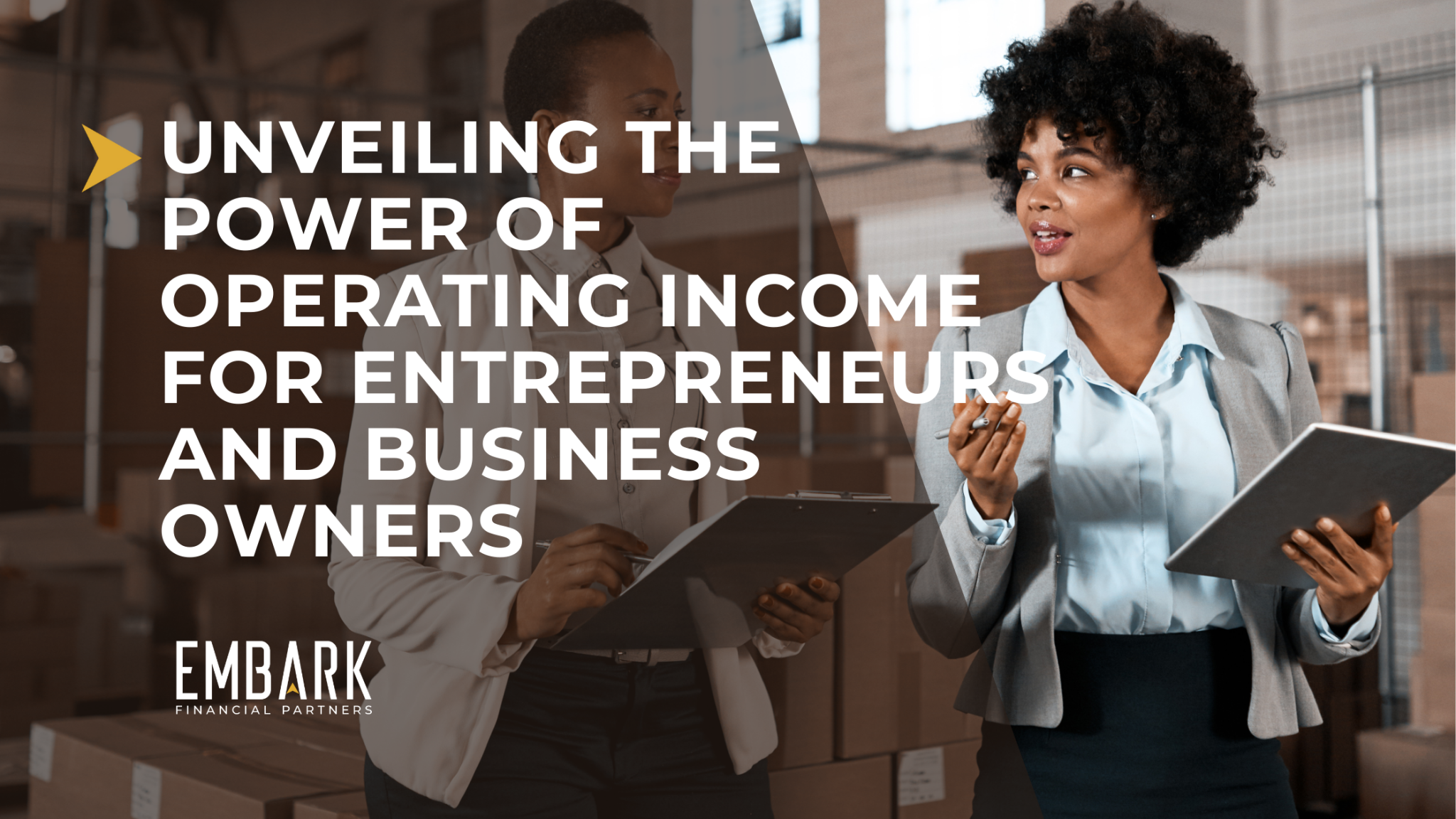 Header image: The Power of Operating Income. Two business managers in discussion.